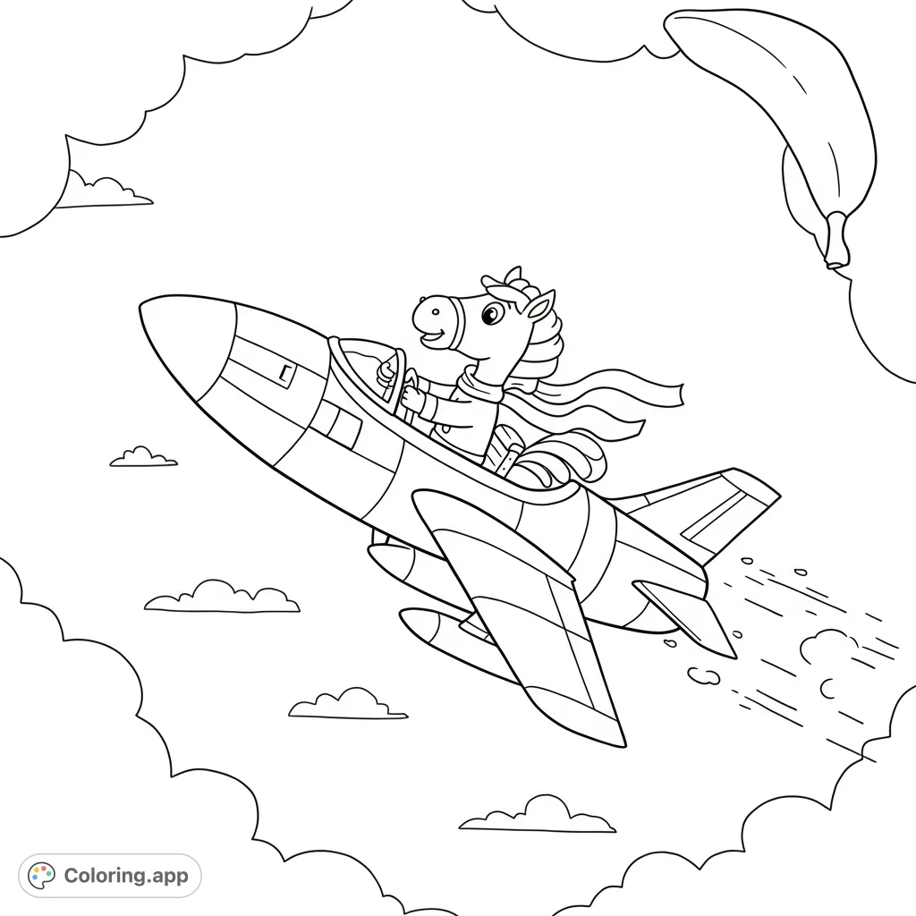 A whimsical horse pilots a sleek rocket through fluffy clouds, with a giant banana floating nearby. A fun, free printable coloring page!