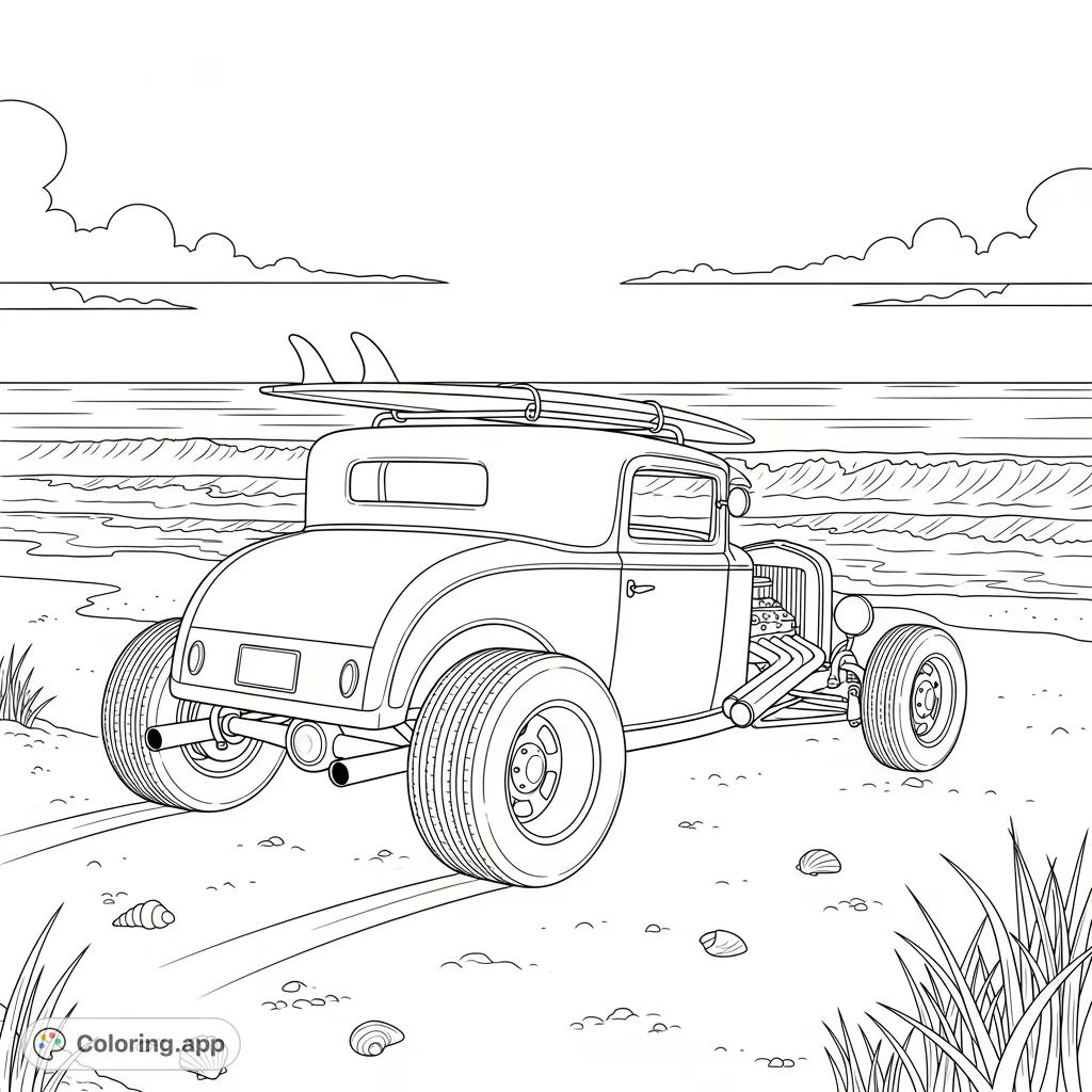 A classic hot rod with a surfboard on its roof, parked on a simplified sandy beach with gentle ocean waves under an expansive sky.