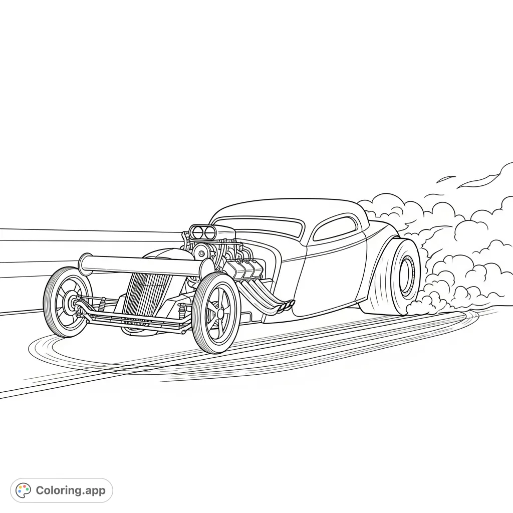 A powerful drag-style hot rod with an elongated front, slender front wheels, and robust rear tires creating dramatic burnout smoke.