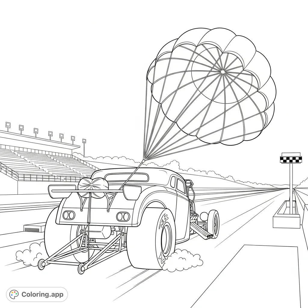 A dynamic coloring page featuring a hot rod at the finish of a drag race, parachute deployed, with subtle smoke. Perfect for motor enthusiasts.