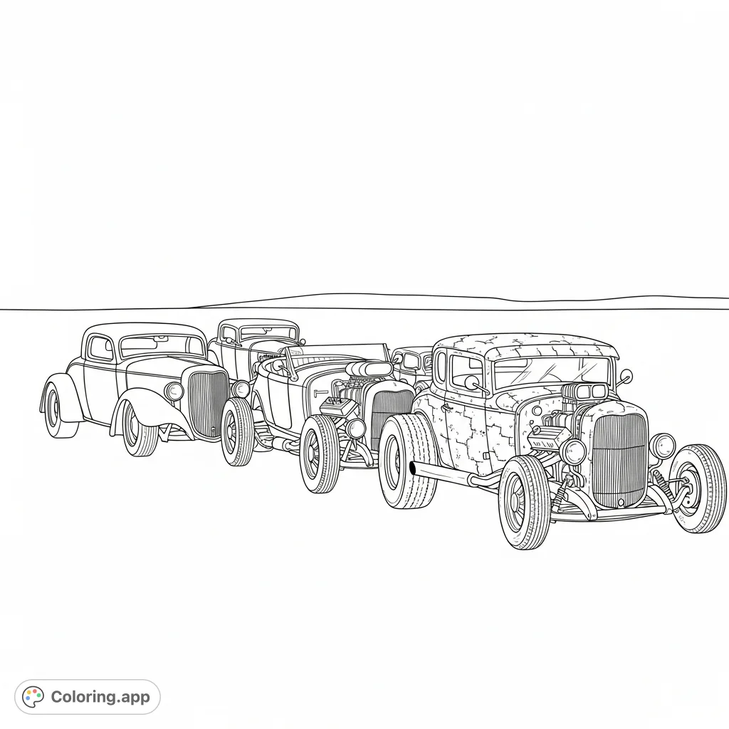 A thrilling lineup of diverse hot rods, including sleek coupes, classic roadsters, and gritty rat rods, waiting for a burst of vibrant colors. Perfect for car enthusiasts!