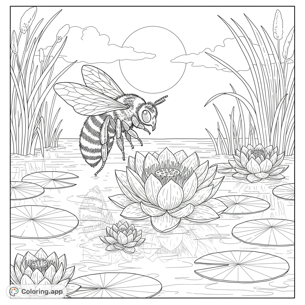 A detailed bee hovers over blooming lotus flowers and lily pads on a serene pond, with tall reeds and a moonlit sky. A beautiful nature coloring page.