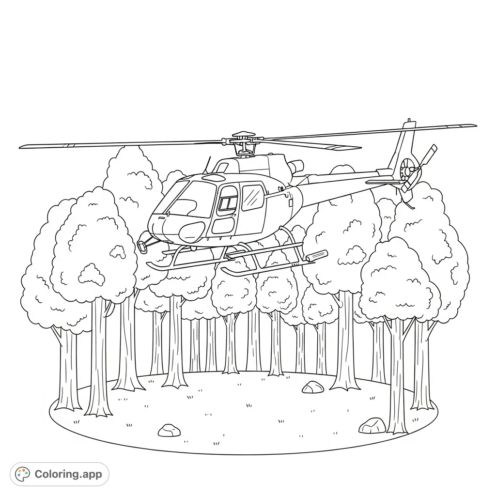A light civilian helicopter hovers above a clear forest opening. Simplified trees surround the scene, offering a detailed yet accessible coloring experience.