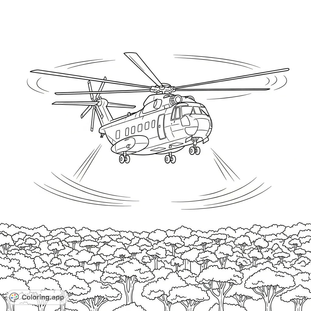 A powerful transport helicopter hovers above a dense forest canopy, its large rotors and intense rotor wash clearly depicted, offering a detailed aerial scene.