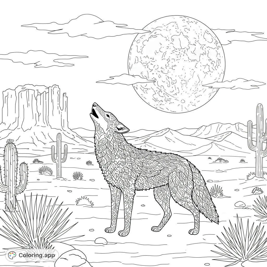 A majestic wolf howls at a full moon in a detailed desert scene with cacti and mesas. Intricate patterns on the wolf offer a unique coloring challenge.