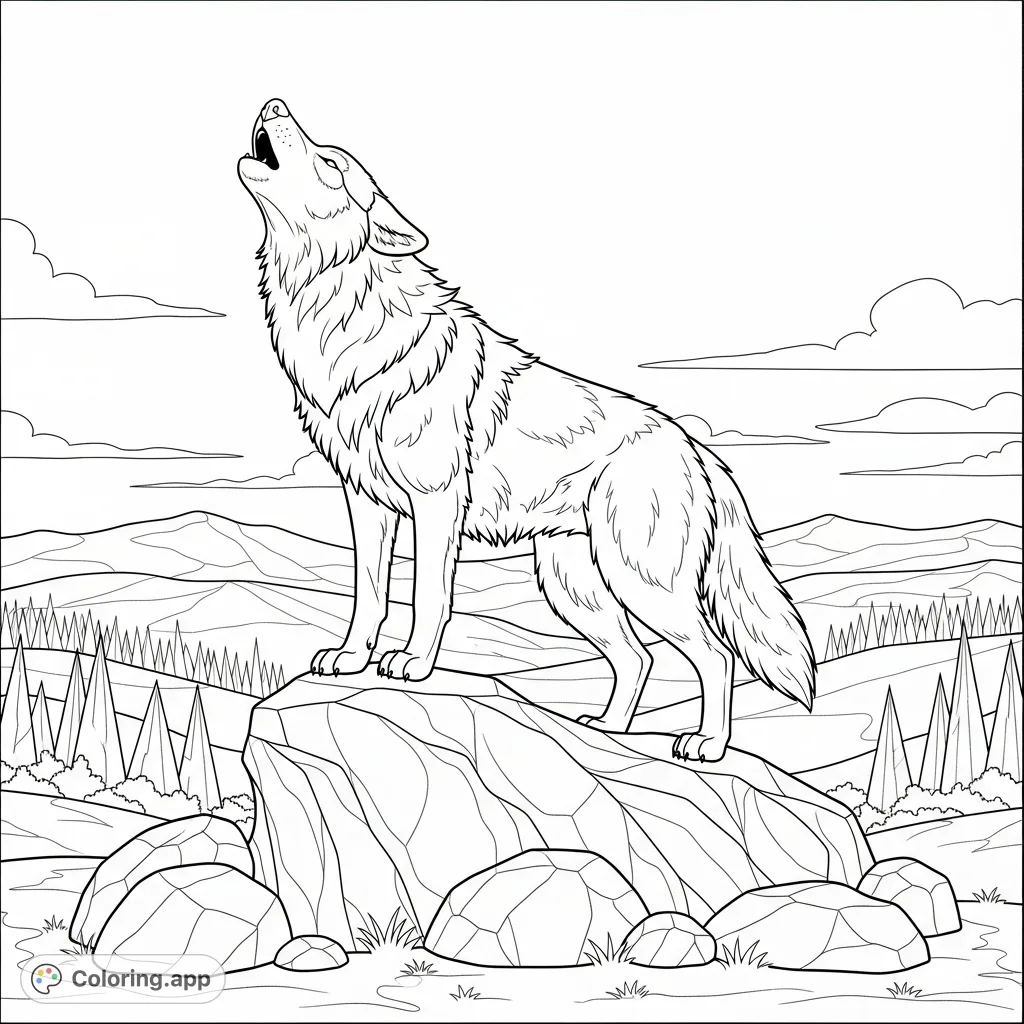 A majestic wolf howls atop rugged rocks amidst a serene, expansive landscape. Perfect for nature enthusiasts seeking a calming, creative escape.