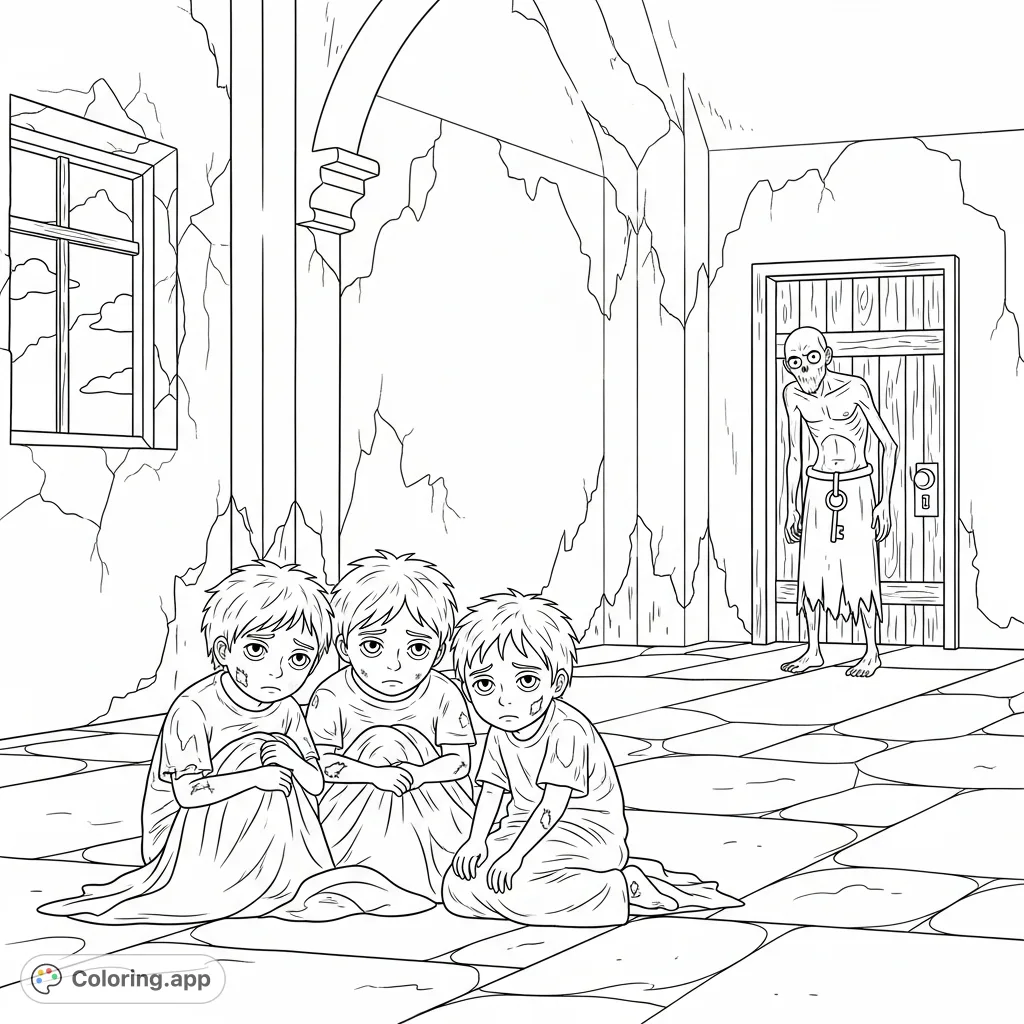 Explore a poignant scene of three weary children and an imposing figure in a room with peeling walls and a grimy window. A narrative coloring page.