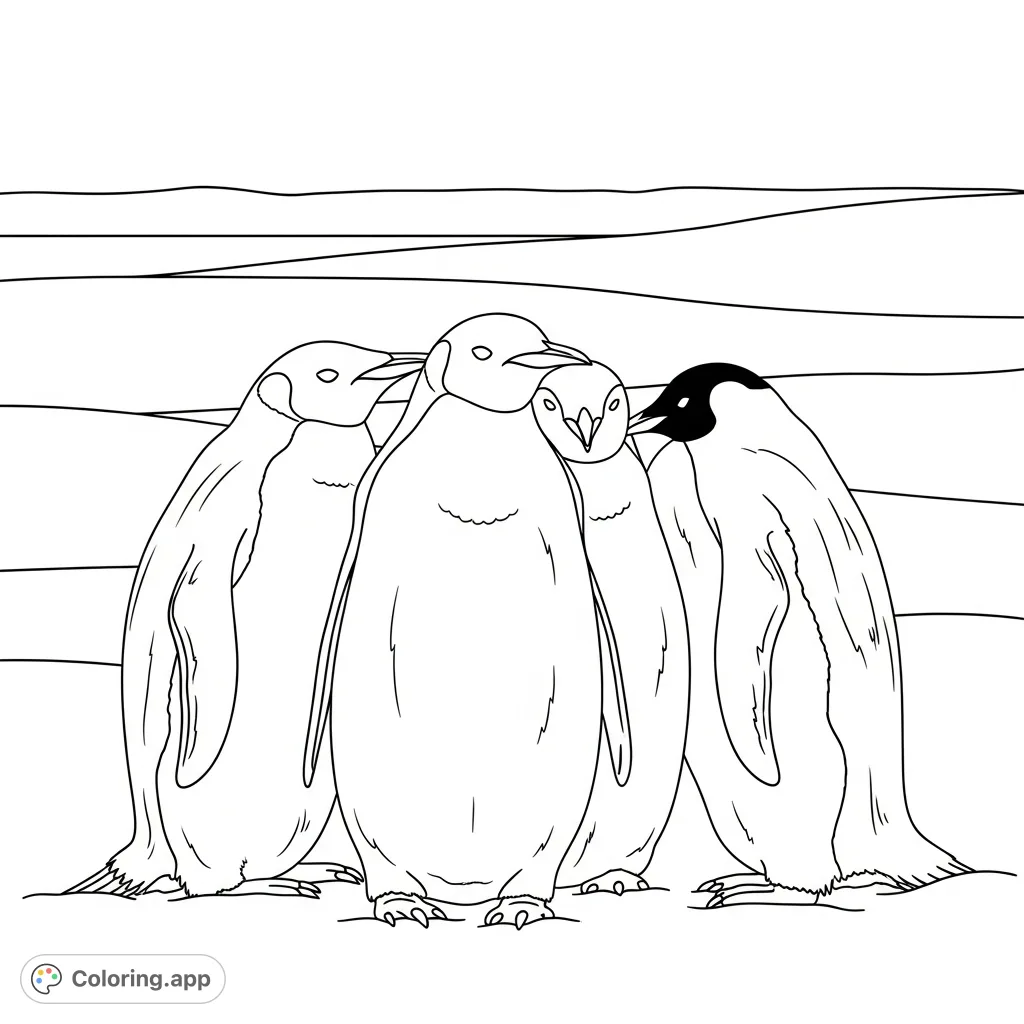 A charming coloring page featuring a cozy huddle of three penguins amidst a snowy landscape. Perfect for all ages to enjoy the beauty of arctic wildlife.
