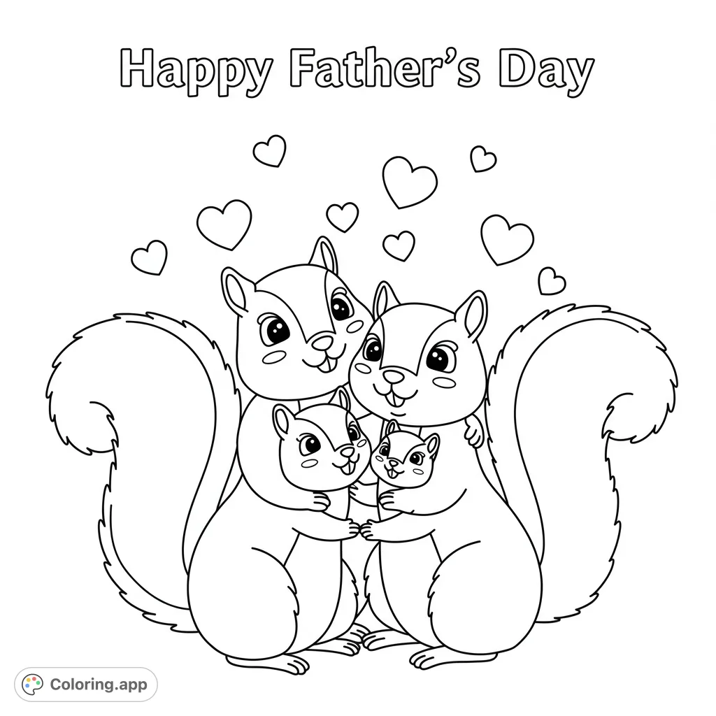 A heartwarming family of four squirrels, two adults and two babies, embracing with love, surrounded by floating hearts. A sweet, free printable coloring page.
