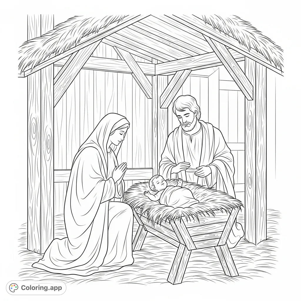 A detailed Nativity stable scene with infant Jesus in a rustic manger, Mary and Joseph nearby, and natural wooden textures. A peaceful free printable Nativity coloring page.