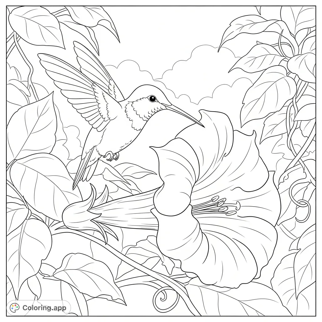 A delicate hummingbird hovers gracefully, its long beak reaching into a trumpet-shaped flower, surrounded by lush foliage and subtle background elements.