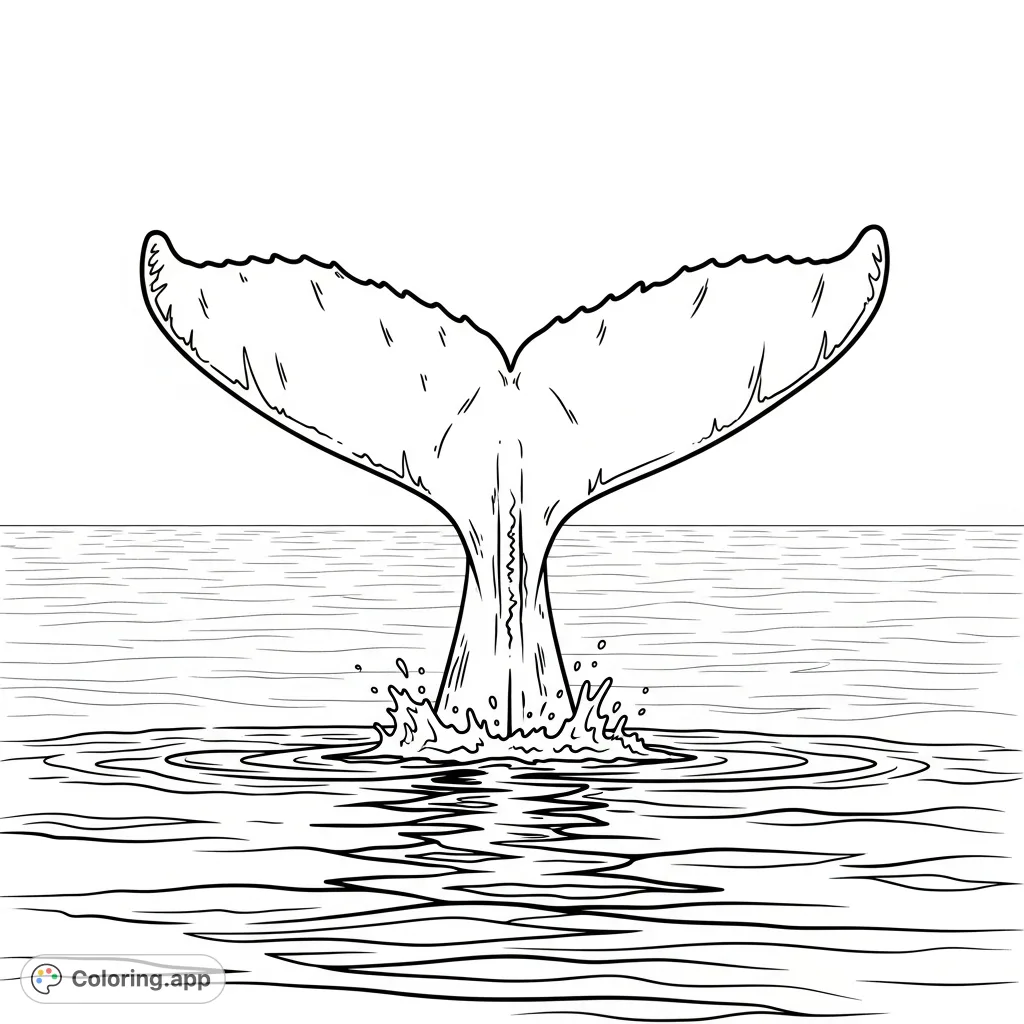 A stunning coloring page featuring a humpback whale's powerful tail flukes emerging from the ocean, surrounded by dynamic splashes and ripples.