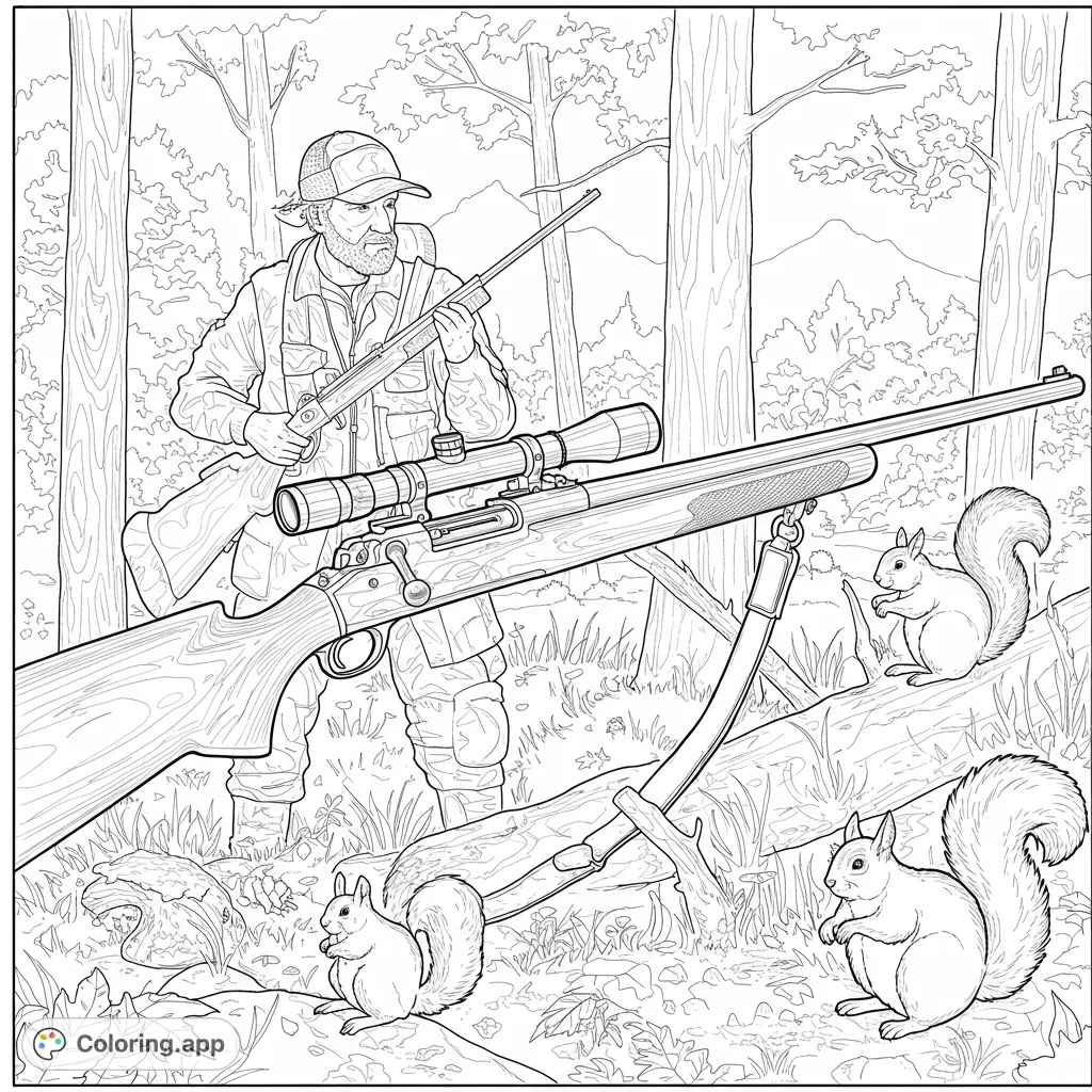 Detailed hunting scene coloring page featuring a hunter, rifle, and squirrels in a forest. Perfect for nature and outdoor enthusiasts.