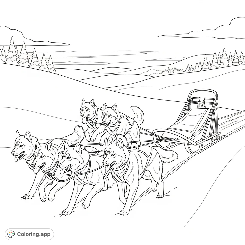 A thrilling coloring page featuring a powerful husky sled team in formation, traversing a vast, snowy landscape. Perfect for winter enthusiasts and animal lovers.