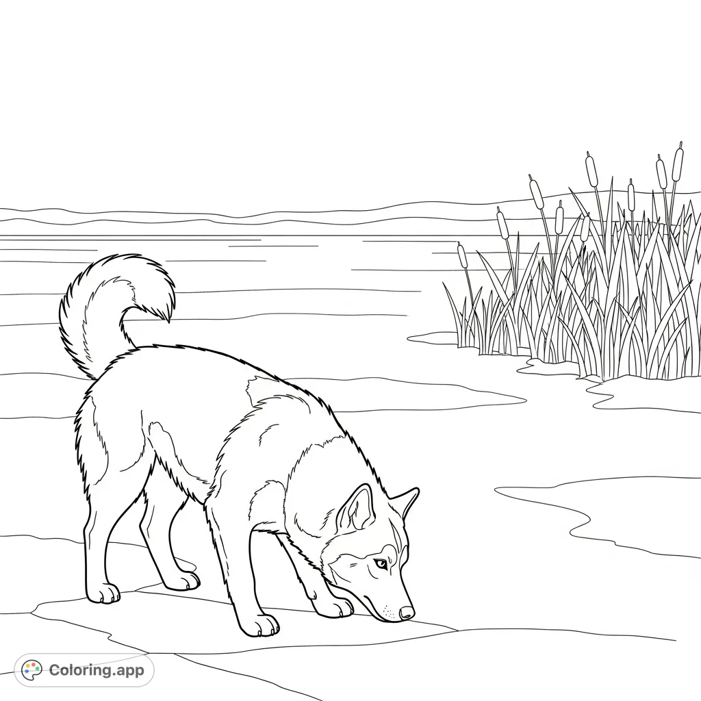 A charming coloring page featuring a husky sniffing near a frozen lake, surrounded by simplified reeds and subtle ice textures. Perfect for all ages.