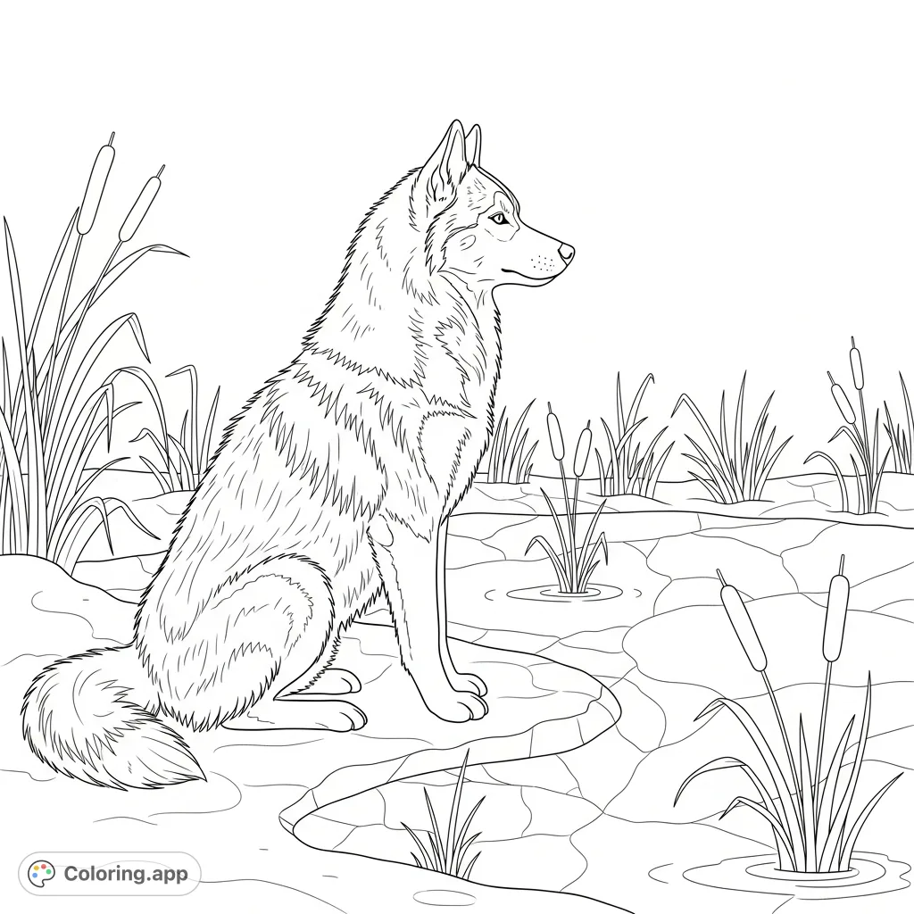 A charming husky sits peacefully beside a frozen pond, surrounded by delicate reeds and intricate ice cracks, inviting a calming coloring experience.