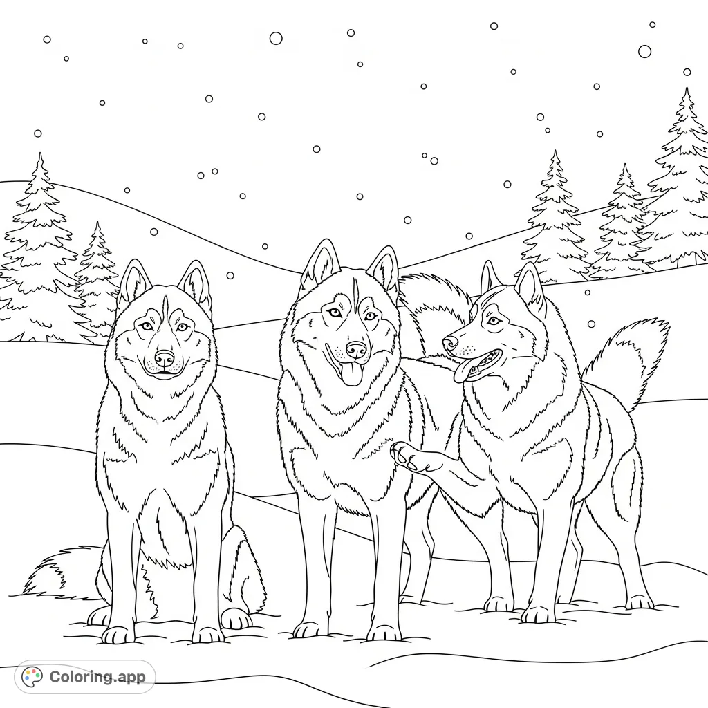 Three majestic huskies in various poses, nestled in a serene snow-covered landscape with gentle hills and sparse pine trees. A perfect winter scene.