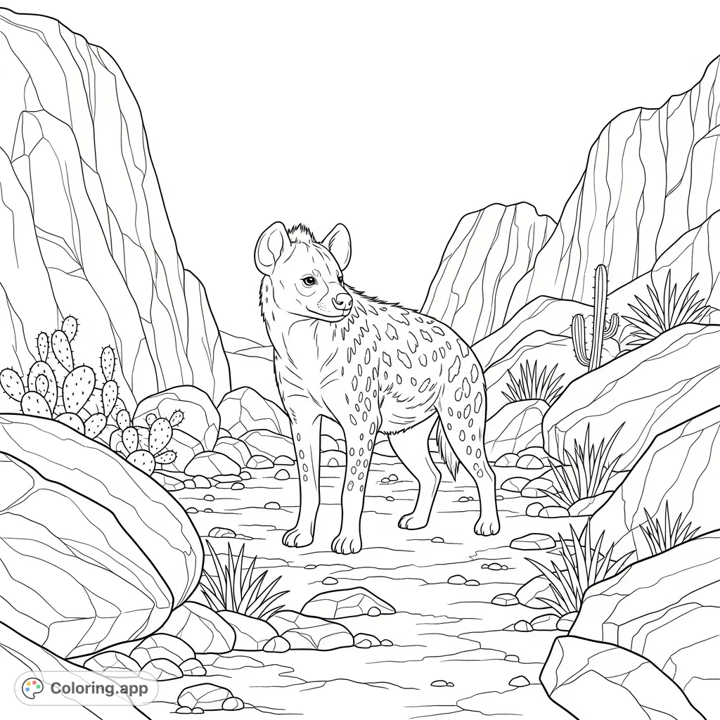Explore a detailed scene featuring a spotted hyena amidst rugged rock formations and sparse desert plants. A captivating wild animal coloring adventure awaits!