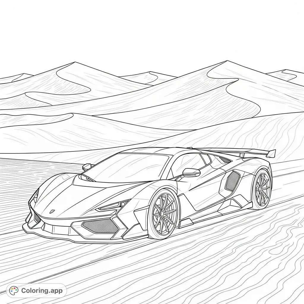 Experience the thrill of a sleek hypercar traversing endless sand dunes under a wide sky. A dynamic coloring page for speed enthusiasts.