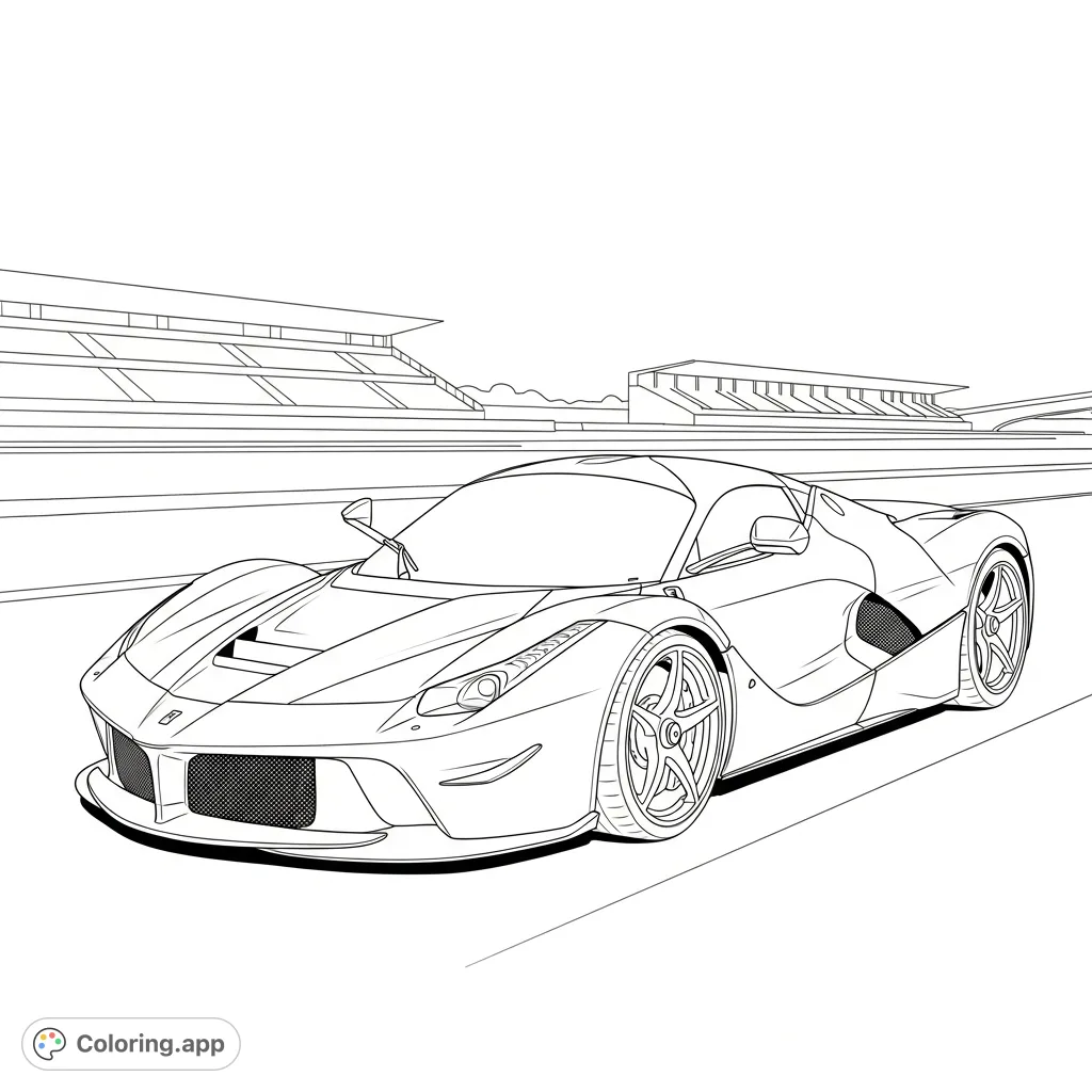 A detailed coloring page featuring a Ferrari LaFerrari-inspired hypercar on a racetrack straight, showcasing its aggressive stance and aerodynamic features.