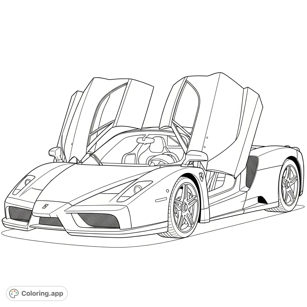 Unleash your creativity on this sleek Ferrari Enzo-style hypercar with dramatic open butterfly doors, showcasing its simplified interior and powerful design.