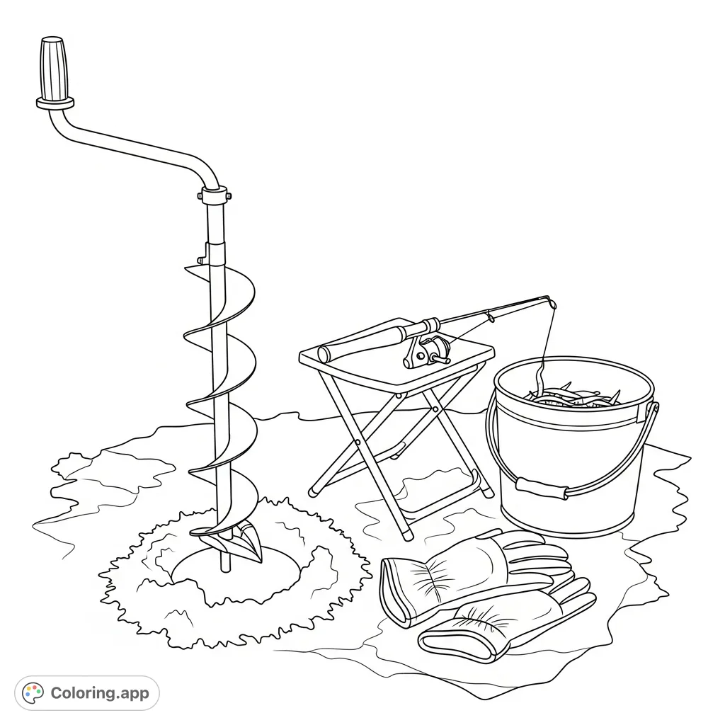 Explore the intricate details of essential ice fishing gear laid out on a frozen lake, perfect for a relaxing coloring experience.