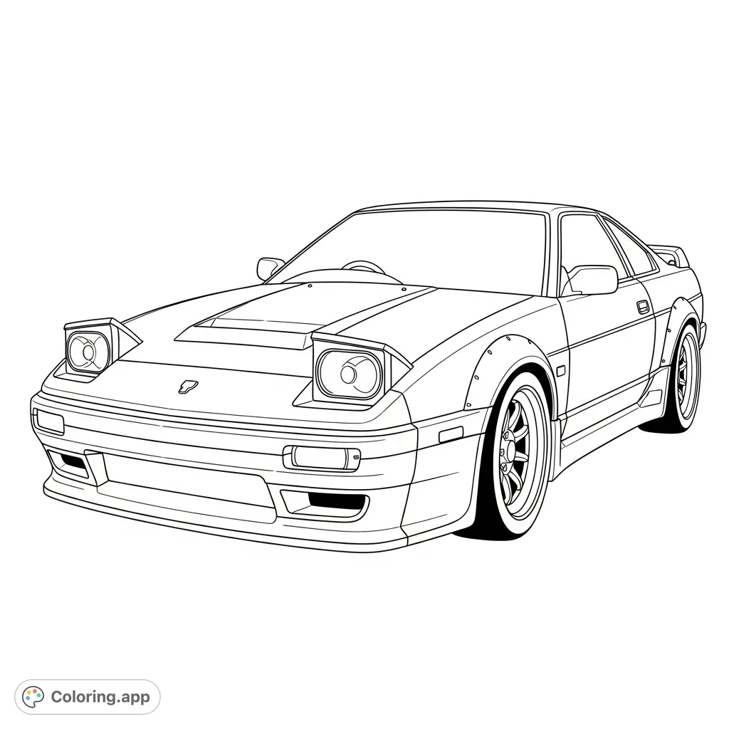 Dive into a detailed technical line art coloring page featuring an iconic Japanese sports car's front three-quarter view, with bold headlights and clean outlines.