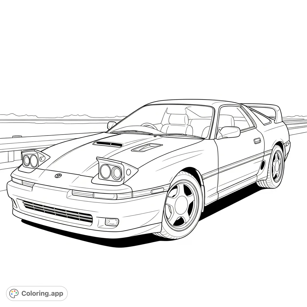 Color a classic MK3 Supra with its signature popup headlights raised and bold body lines. A thrilling page for car enthusiasts to detail.