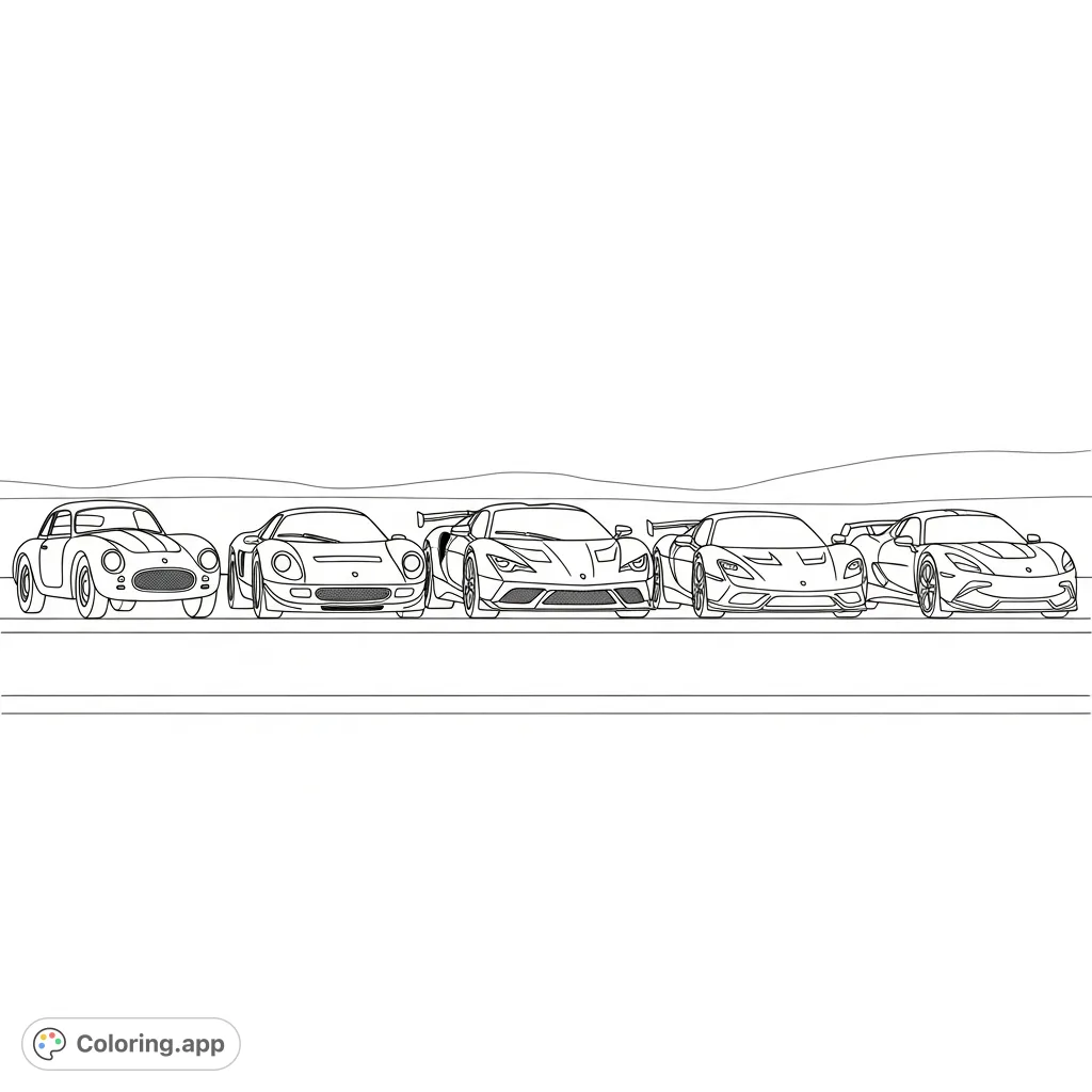 A detailed coloring page featuring a lineup of five Ferrari-inspired sports cars, each representing a different era of automotive design.