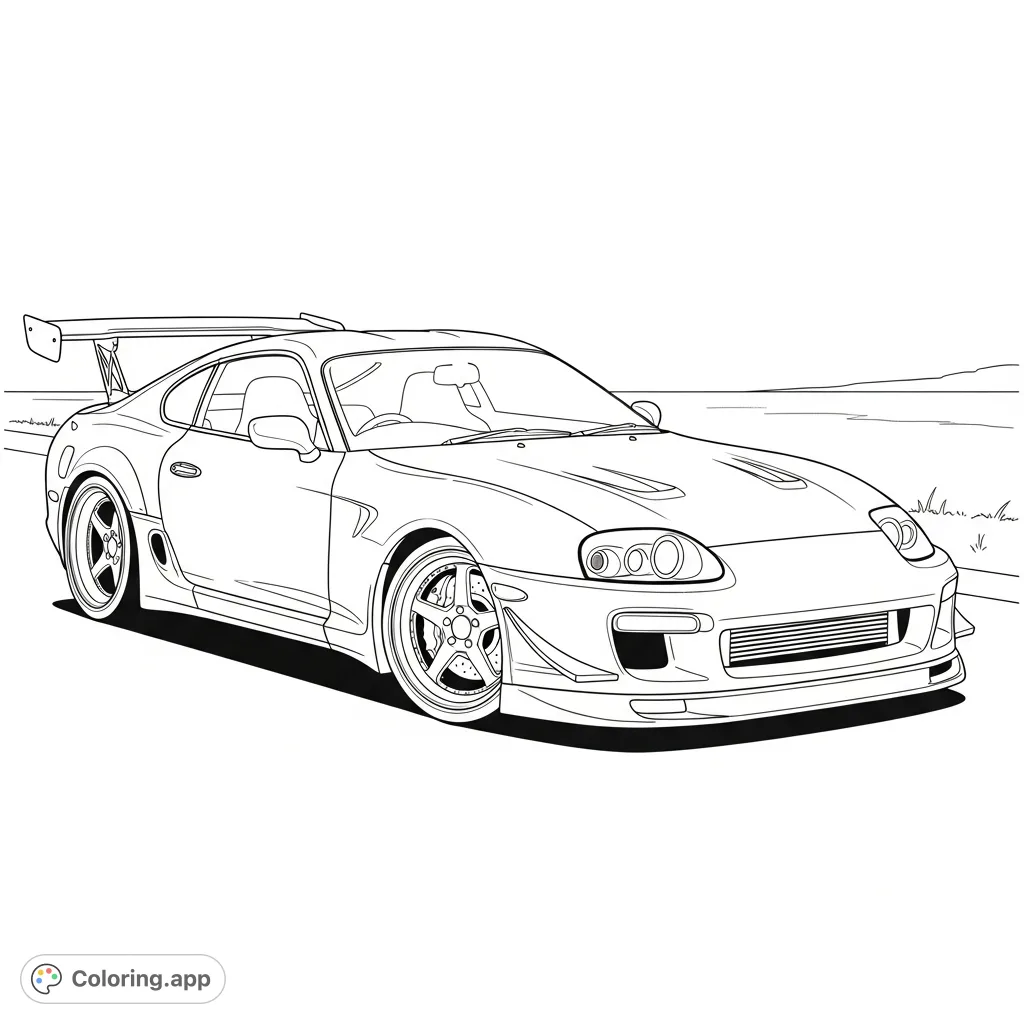 Immerse yourself in the thrill of coloring a legendary MK4-inspired Supra, featuring a prominent rear wing and aggressive side intakes. Perfect for car enthusiasts.