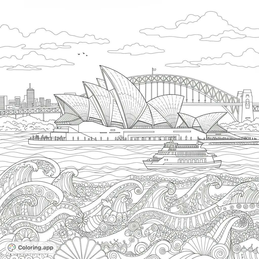 Explore the iconic Sydney cityscape featuring the Opera House, Harbour Bridge, a ferry, and intricate patterned waves. A free printable coloring page.