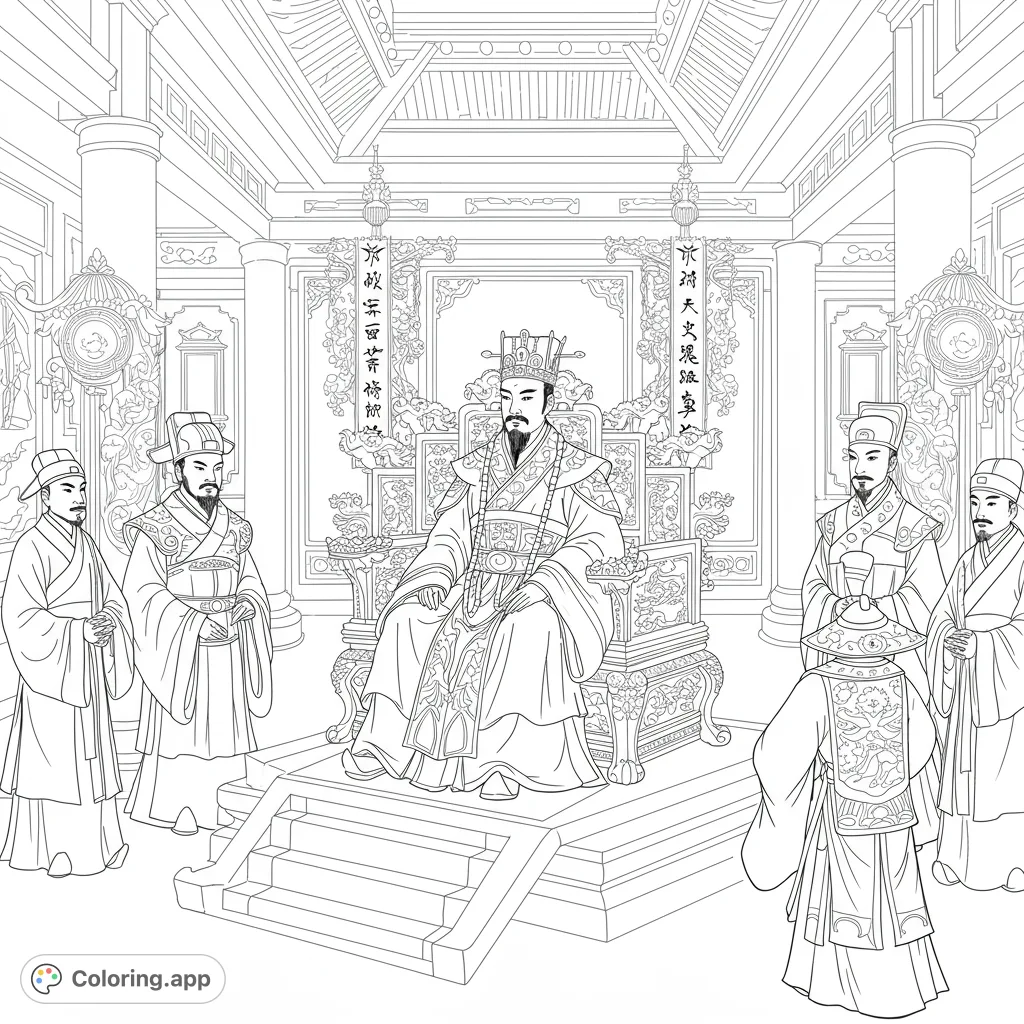 Step into an ancient imperial court. A majestic emperor on his throne, surrounded by loyal courtiers in a grand, ornate palace hall. Intricate details await your colors!