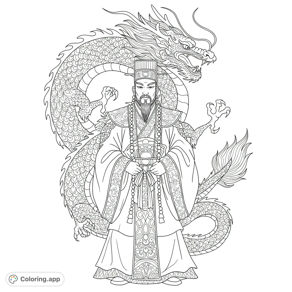 An intricate Chinese emperor and majestic dragon coloring page. Features detailed robes, scales, and a powerful mythical beast. Free printable for all ages.