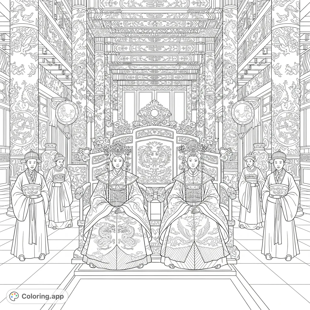 Color a majestic imperial court scene featuring an emperor and empress in ornate Hanfu robes, surrounded by attendants and intricate palace architecture.
