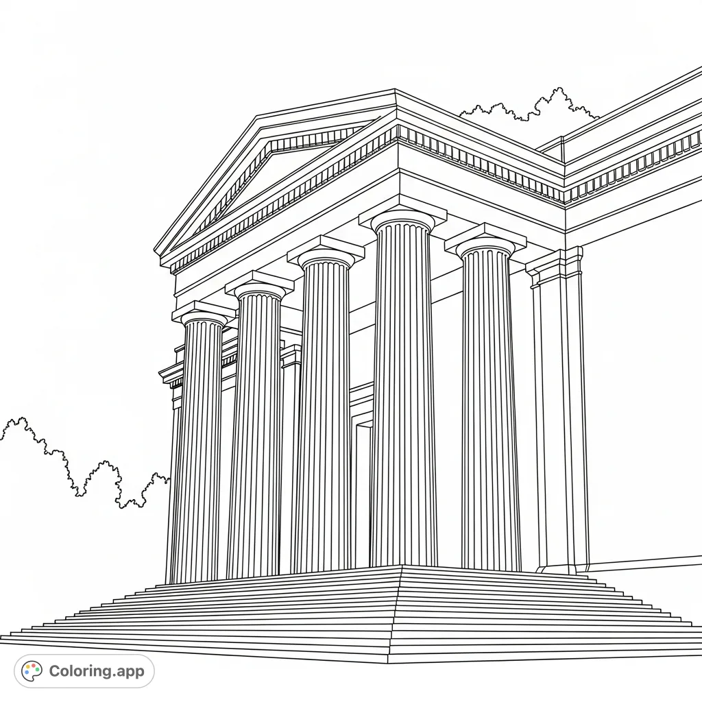 Explore the grandeur of Angell Hall's classical columns with intricate fluting and a grand entablature. A detailed architectural coloring page for precision enthusiasts.