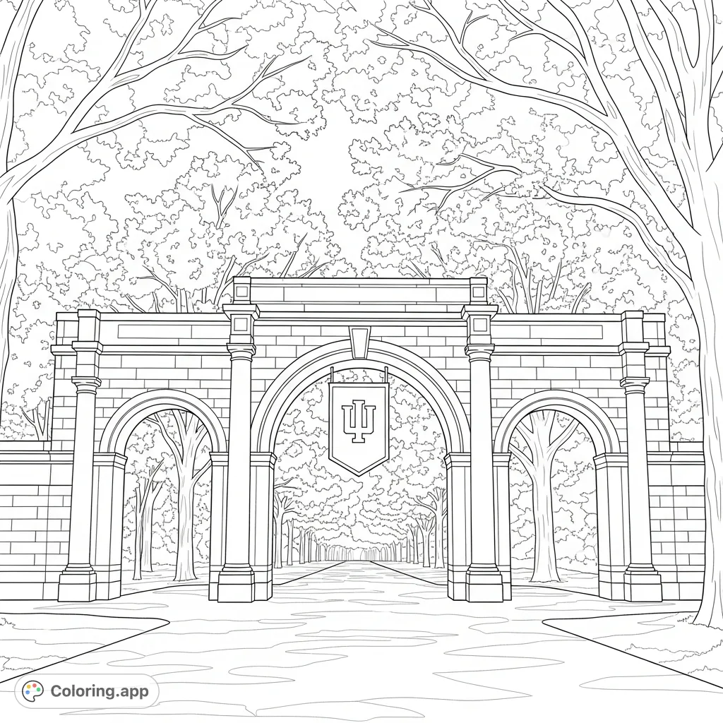 Discover the majestic Indiana University Sample Gates. Color grand limestone arches, a tree-lined path, and the iconic 'IU' logo banner in this engaging coloring page.