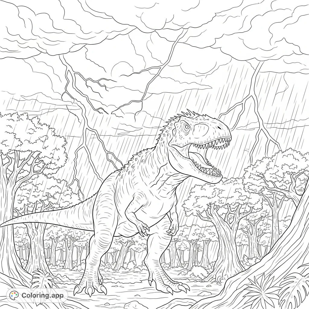 Experience the thrill of a monstrous Indominus Rex roaring through a stormy jungle, illuminated by fierce lightning. This dynamic dinosaur coloring page offers epic detail.