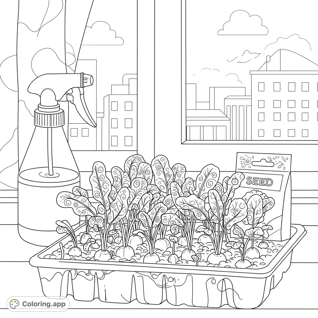 Cultivate creativity with this indoor garden coloring page. Features a tray of growing plants, a spray bottle, and a city view through a window.