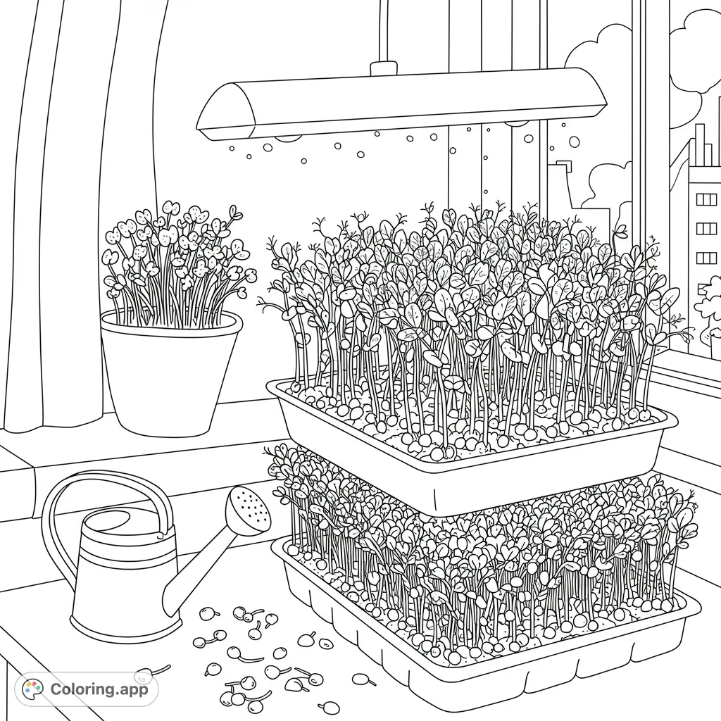 Cultivate creativity with this indoor microgreens coloring page! Features stacked trays of sprouts, a watering can, and a city view. Perfect for nature lovers.