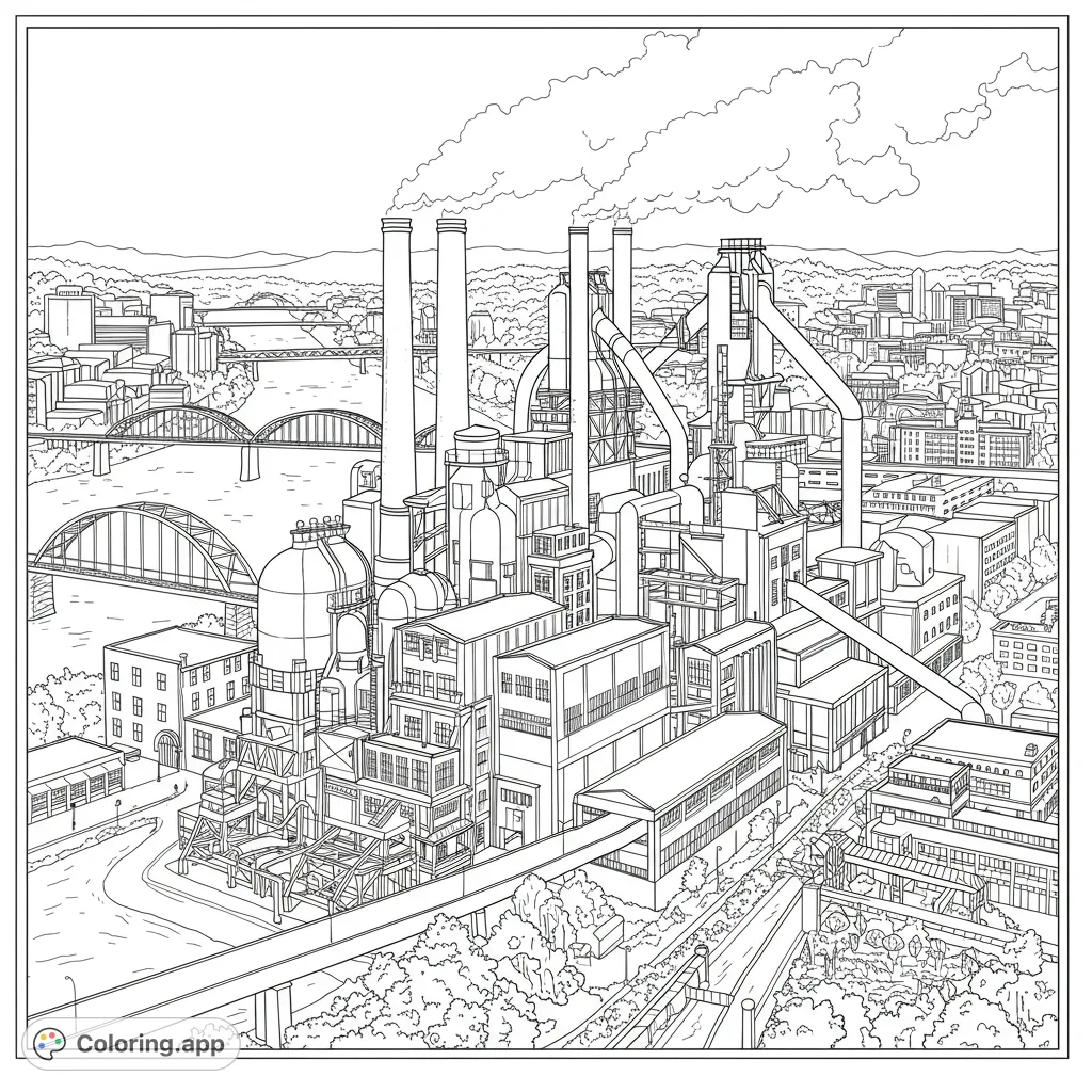 Explore a detailed industrial cityscape coloring page featuring a sprawling factory, bridges over a river, and a bustling urban skyline. Free printable for all ages.