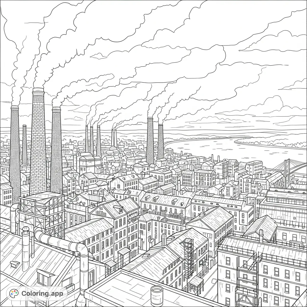 Explore a sprawling industrial city with towering factory chimneys, dense smoke plumes, and a maze of tenement buildings stretching to the horizon. A winding river completes this urban vista.