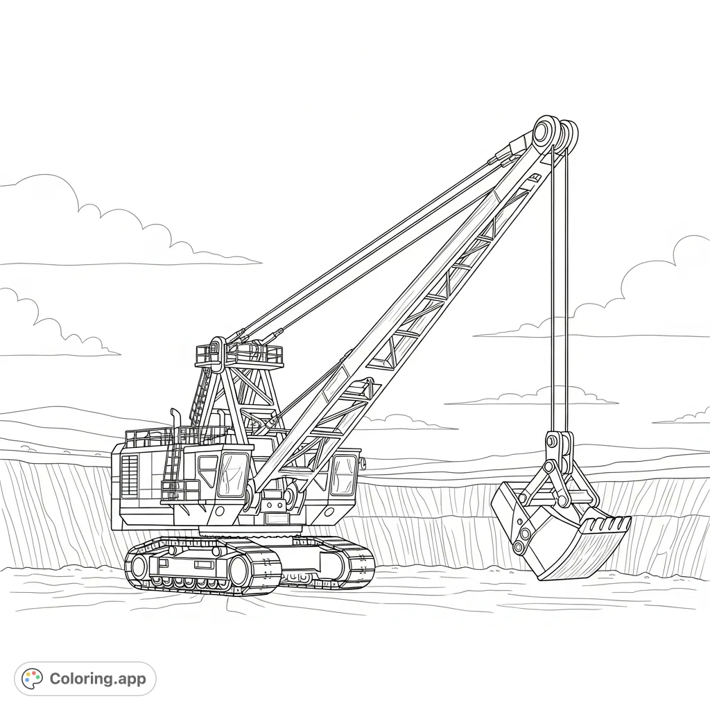 Color a detailed dragline excavator with its long boom and suspended bucket, set against a minimal pit background. Perfect for machinery enthusiasts!