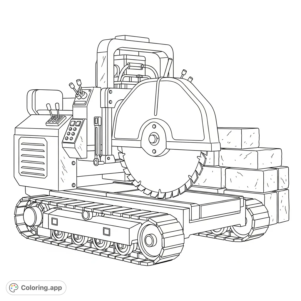 A detailed coloring page featuring a powerful stone cutter saw on a tracked base, with a simplified blade and nearby stone blocks, ready for intricate coloring.