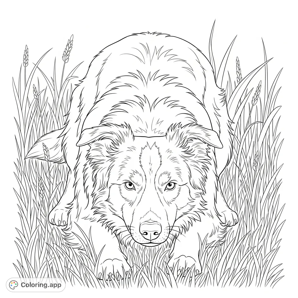 A Border Collie captured in its iconic herding stance, crouched low in a field of tall grass with an intense, focused gaze. Perfect for dog lovers!