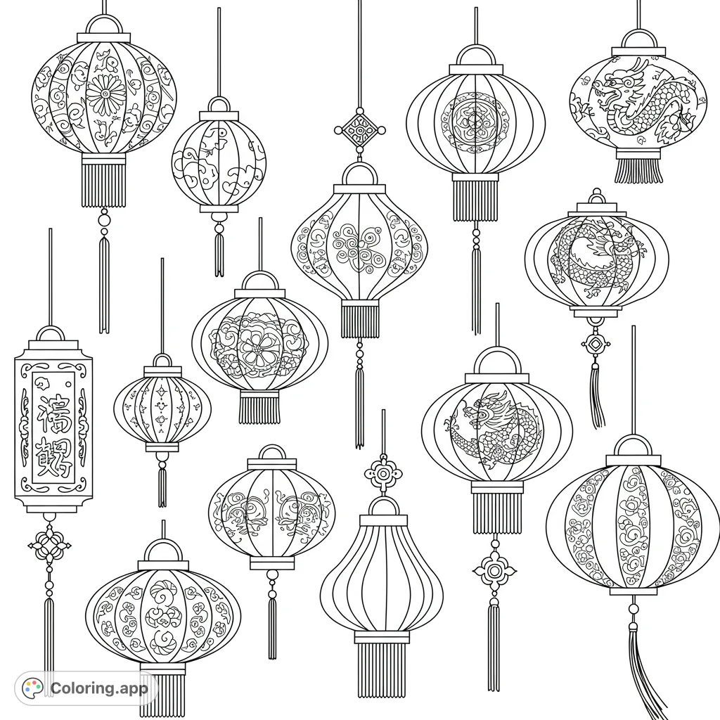 Explore a vibrant collection of intricate Chinese lanterns, featuring detailed floral patterns, swirling designs, and majestic dragons. A free printable cultural coloring page.