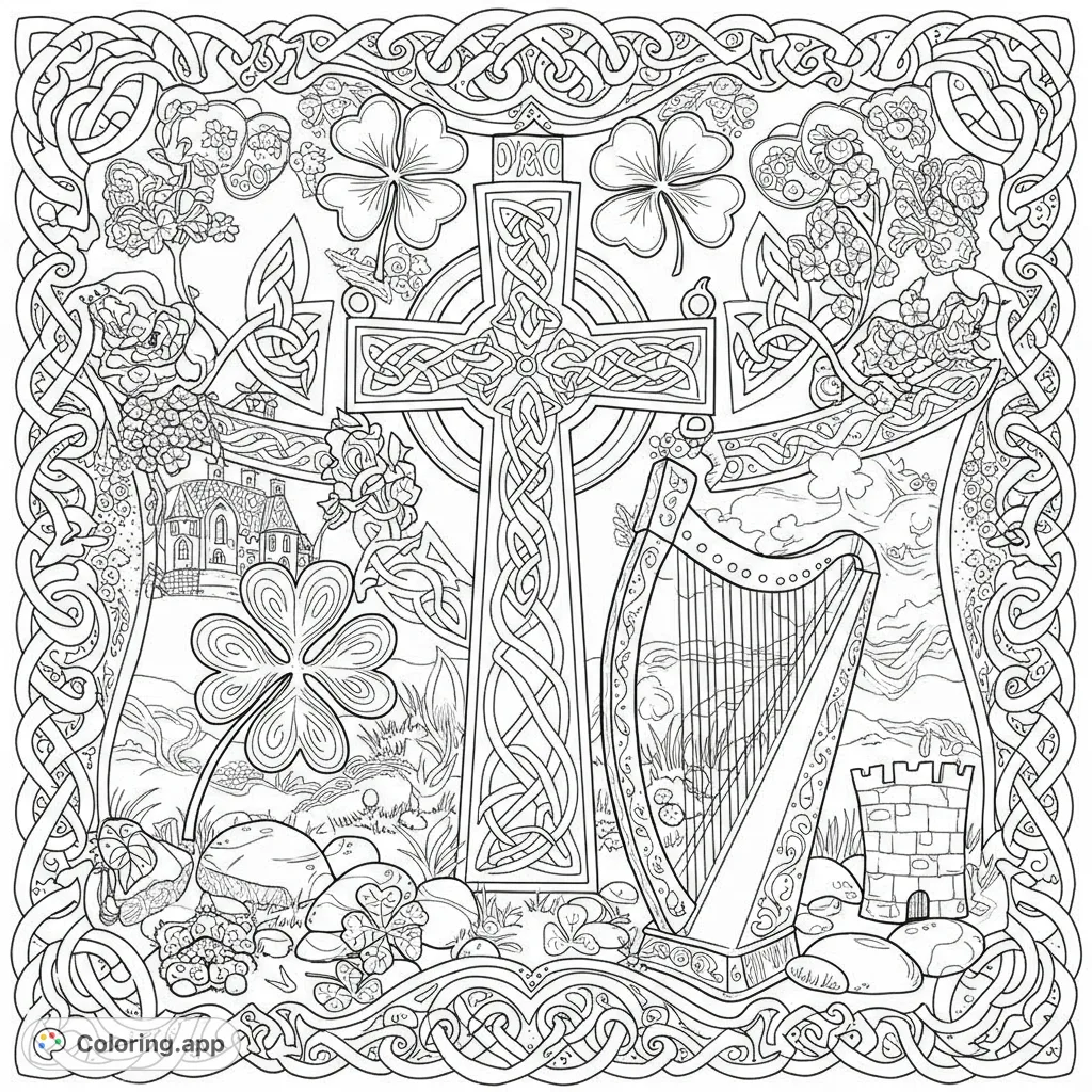 Explore a rich Celtic heritage coloring page featuring a detailed cross, harp, shamrocks, and a knotwork border. Free printable for all ages.