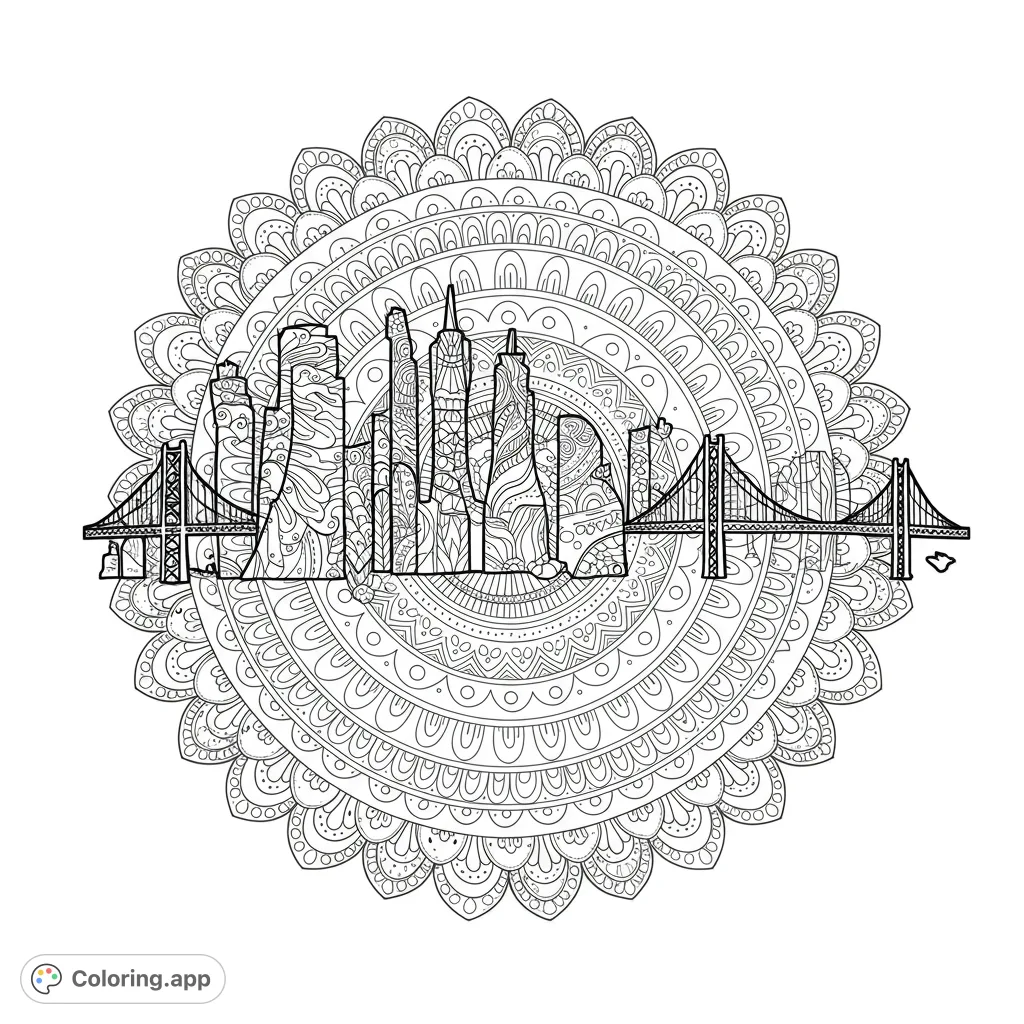 An intricate cityscape mandala coloring page featuring a detailed skyline and bridges over a complex, meditative mandala pattern. Perfect for mindful coloring.