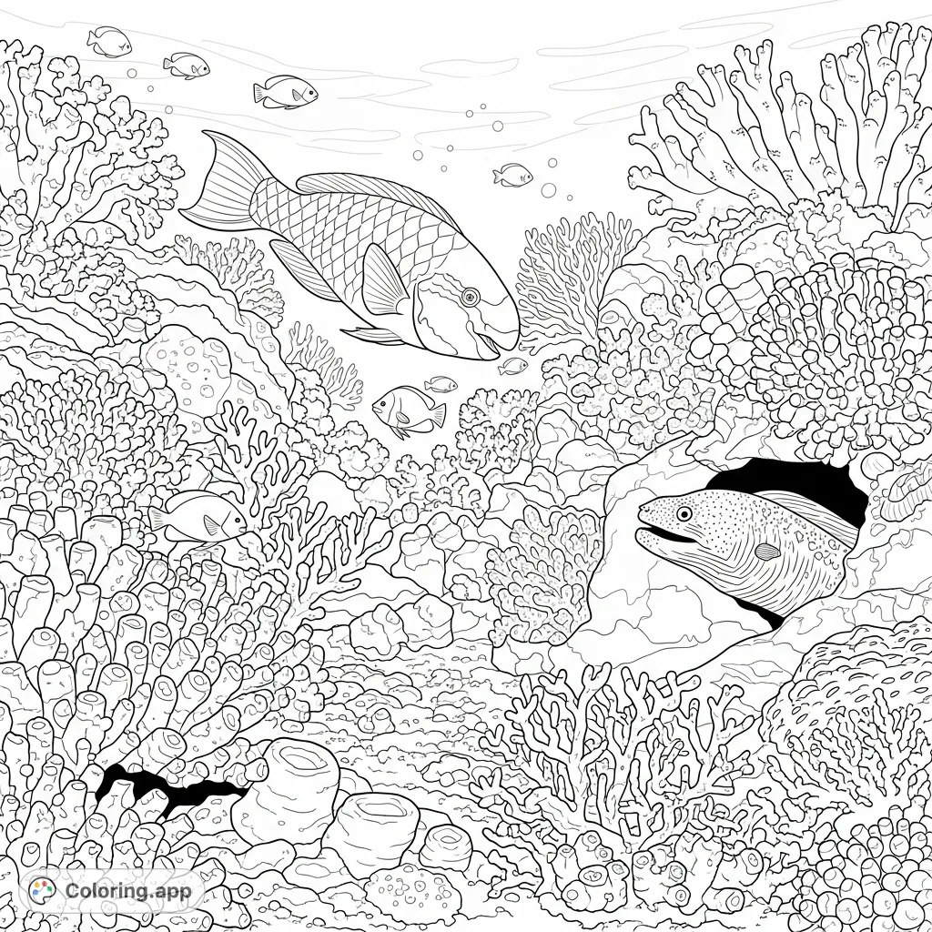 Explore a detailed coral garden coloring page, featuring diverse corals, playful damselfish, a parrotfish, and a peering moray eel. A stunning underwater world awaits! Free printable coloring page.