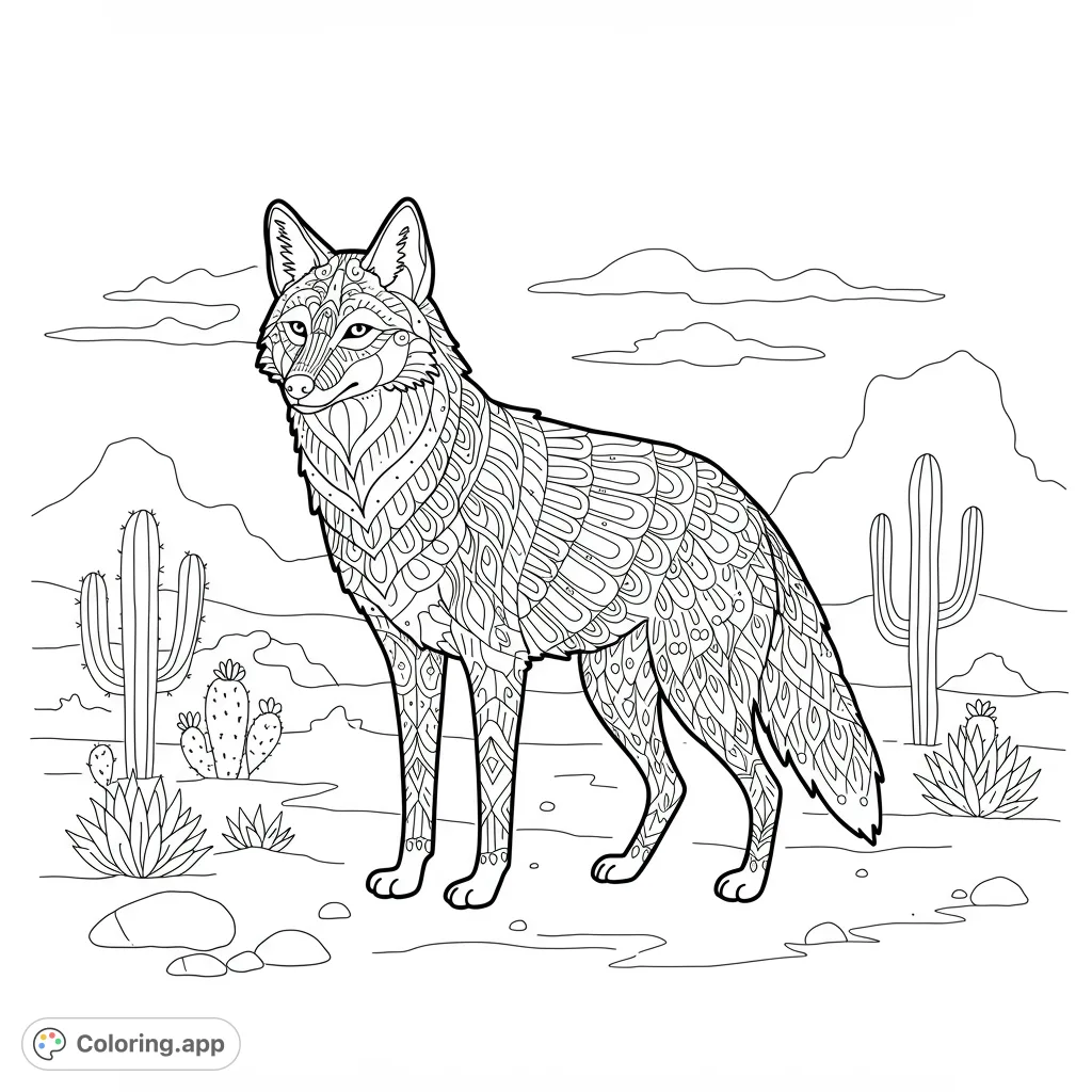 An intricate coyote coloring page featuring a majestic coyote with detailed patterns in a desert landscape with cacti and mountains. Perfect for mindful coloring.