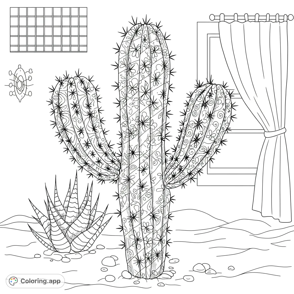 An intricate desert cactus scene featuring a large patterned saguaro, a smaller succulent, and a window background. Perfect for detailed coloring.
